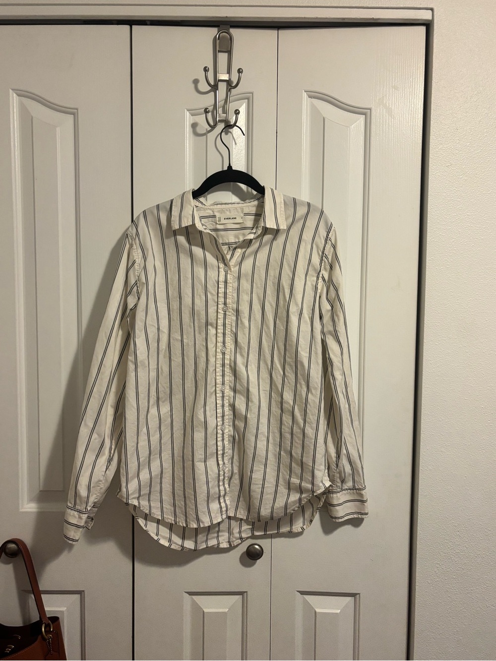 Everlane Classic White & Navy Stripe Button-Down Shirt